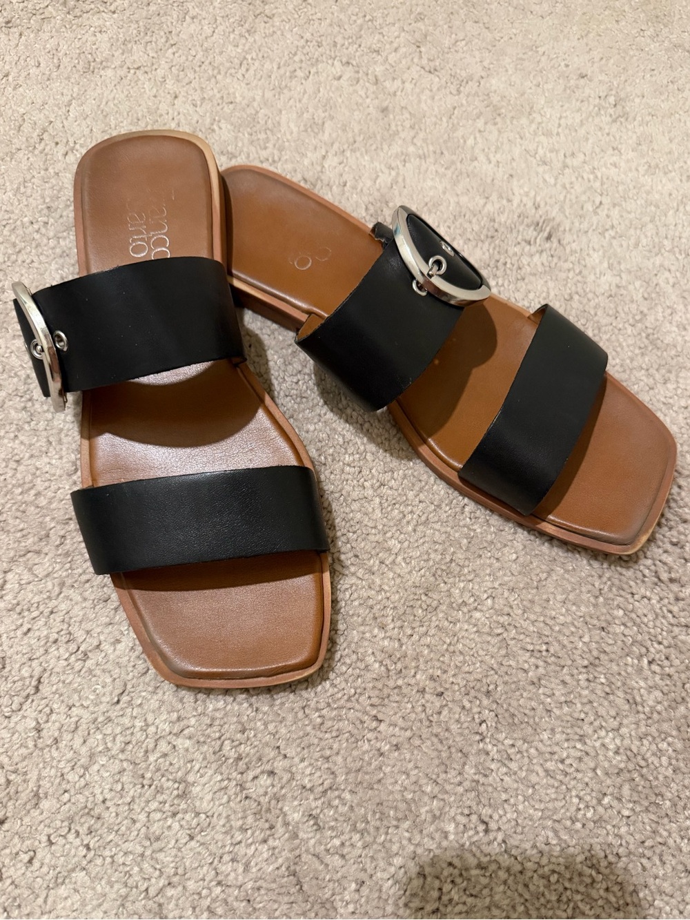 Franco Sarto Black Double-Strap Slide Sandals with Silver Buckle